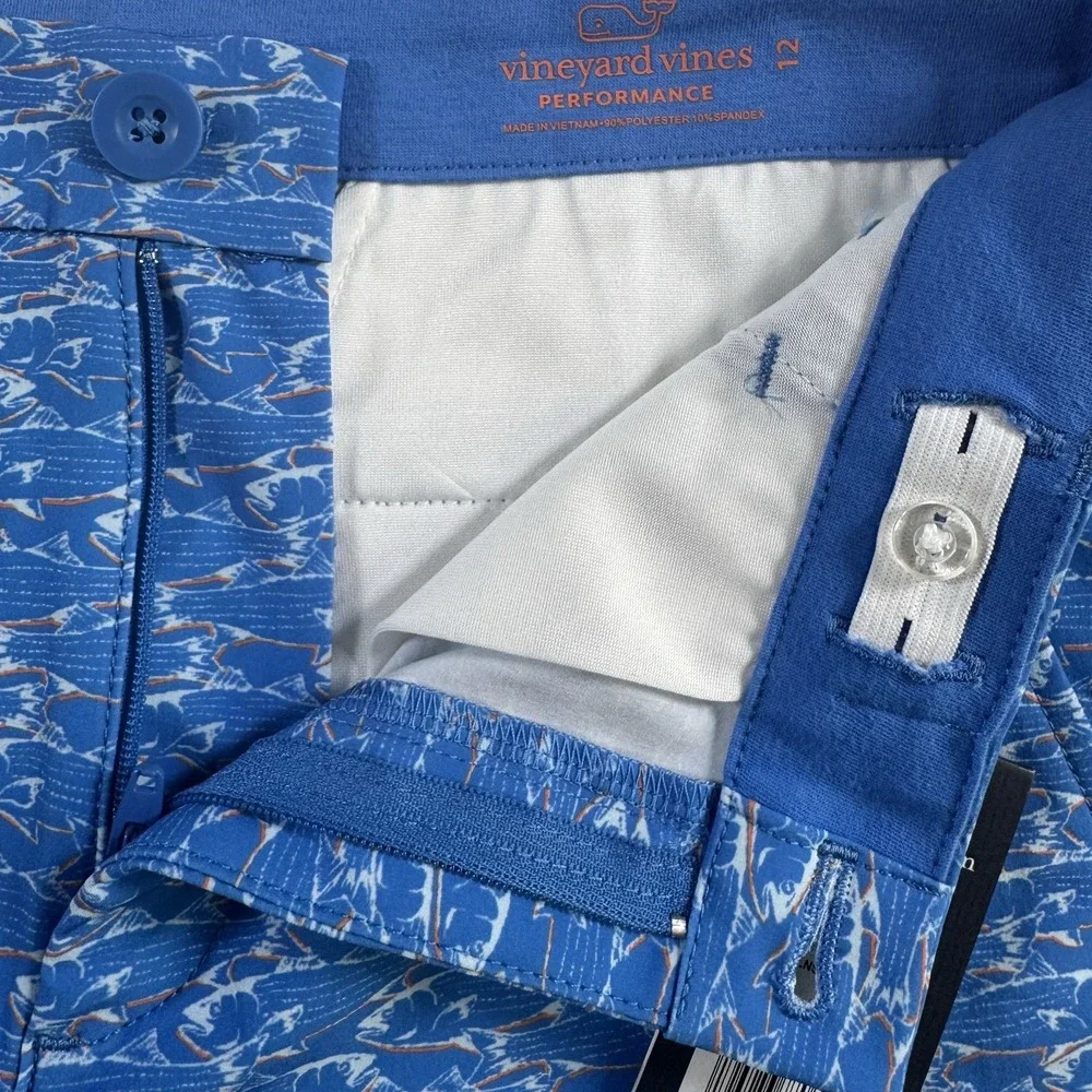 Vineyard Vines Performance Breaker Shorts Boys 12 Fish Print Blue Stretch 8